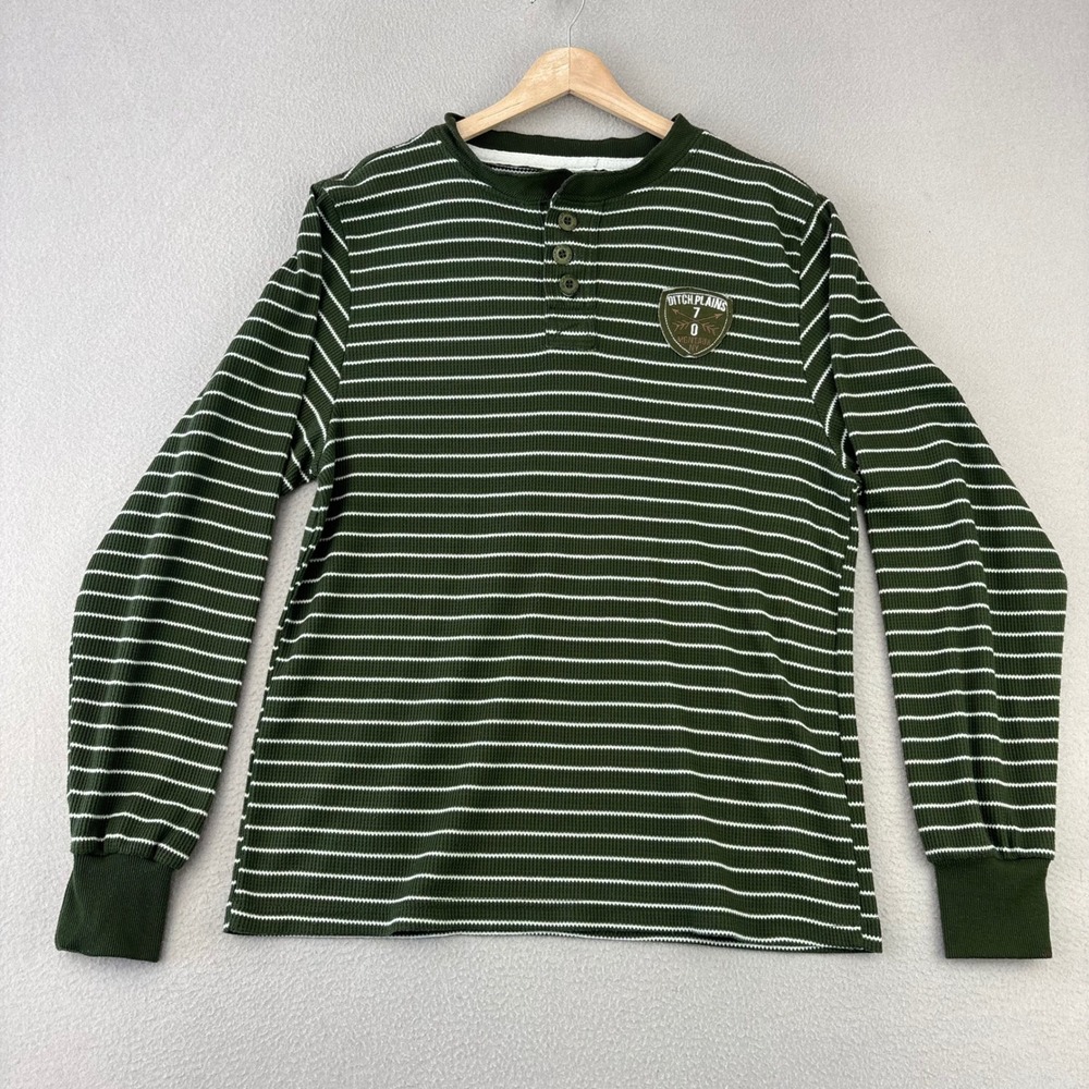 Ditch Plains Striped Henley Shirt Mens M Green Casual Waffle Knit Long Sleeve